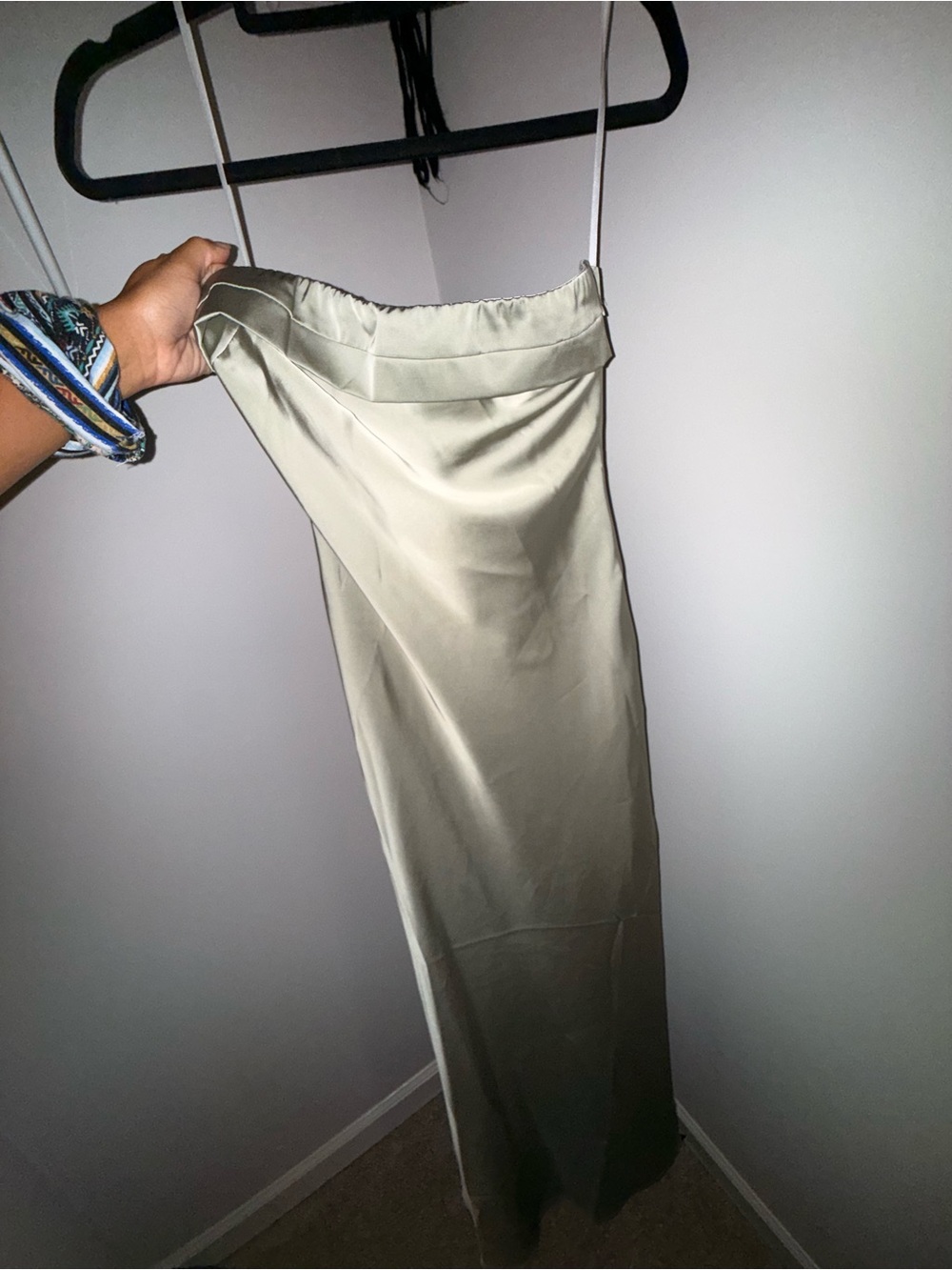 Satin Strapless Slip Dress in Sage Green - Picture 3 of 5